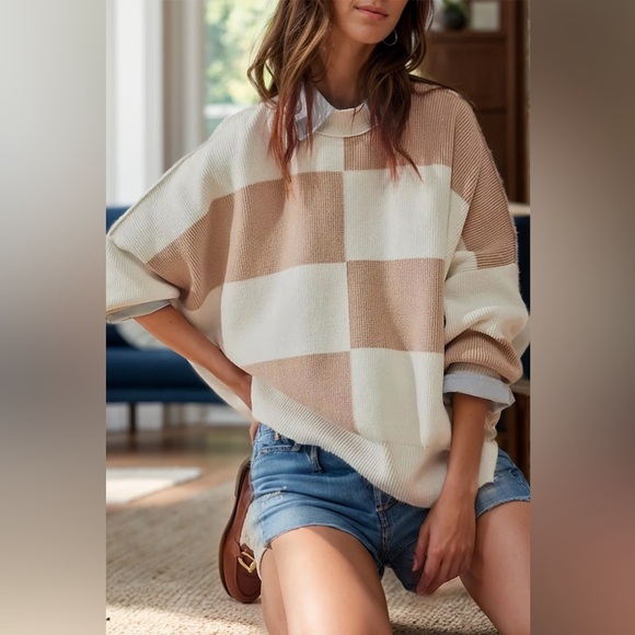 FREE PEOPLE Easy Street Checker Sweater M - Picture 3 of 5